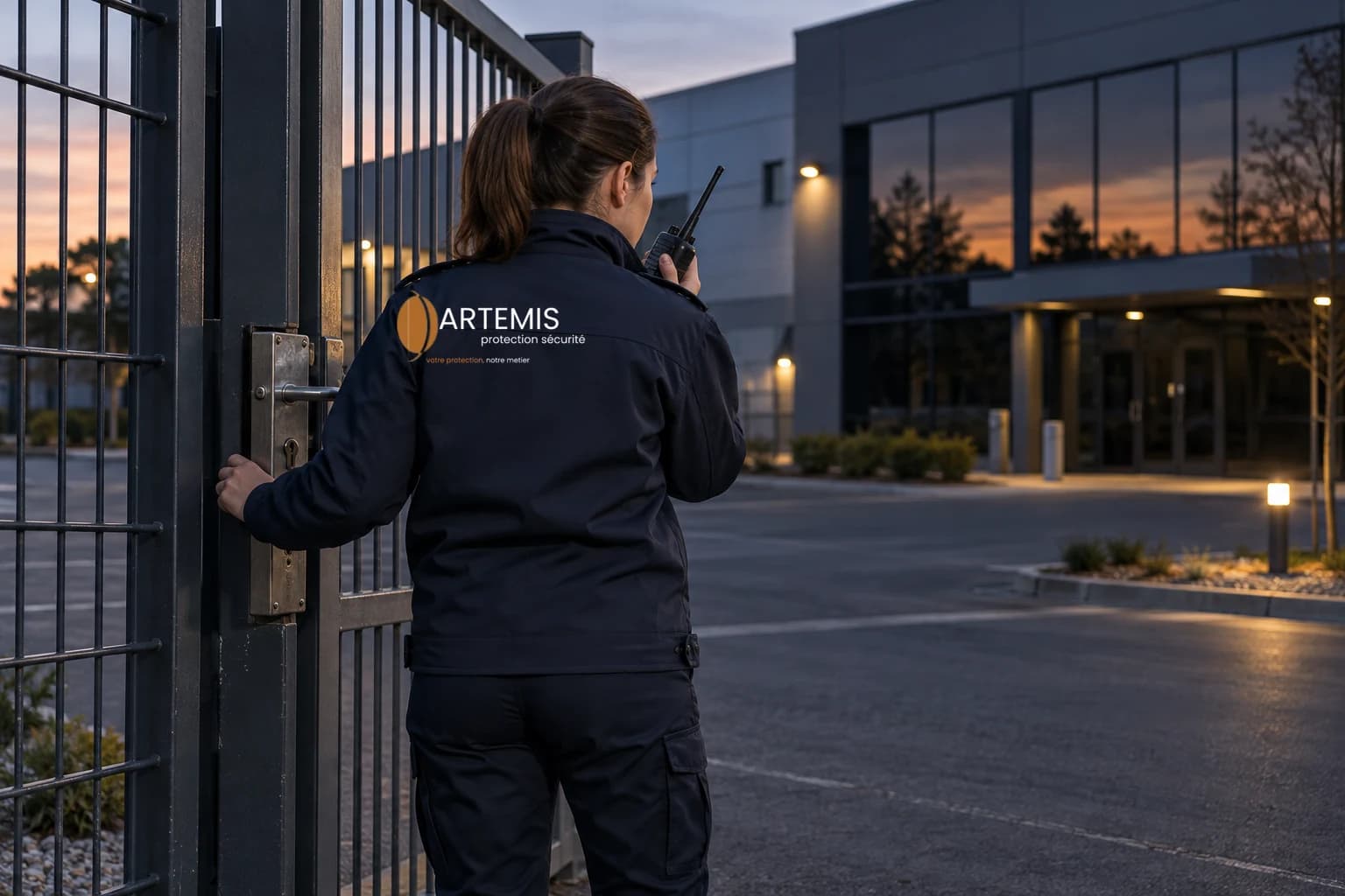 Agente Artemis contrôlant le portail d'un bâtiment inoccupé
